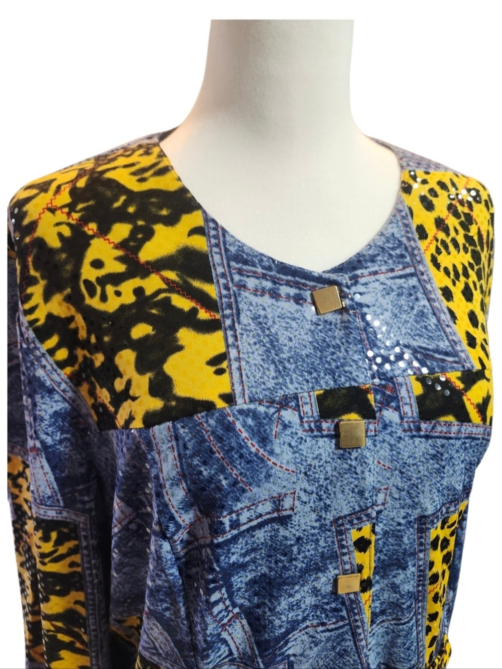 Joseph Ribkoff Bold Yellow Leopard & Denim Print Snap Button Top - Picture 4 of 12